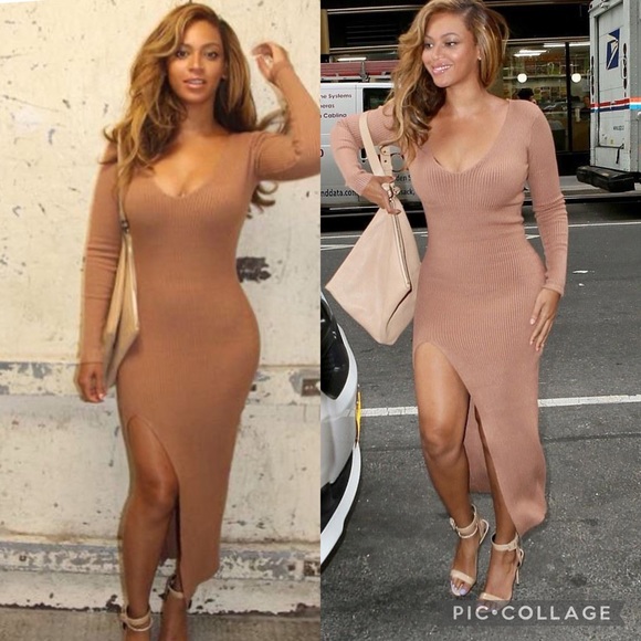 Beyoncé Self Portrait Camel Ribbed Knit Side Slit Dress - XS - Picture 2 of 5
